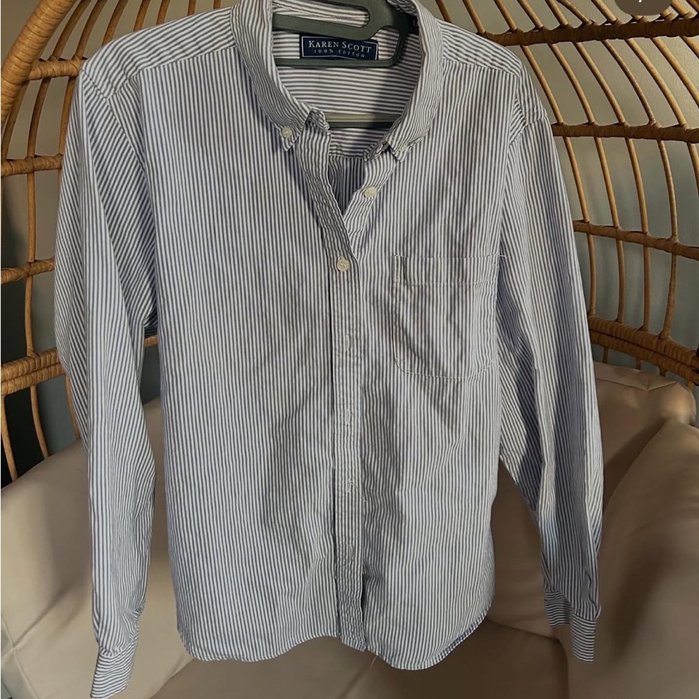 Karen Scott Women's White and Blue Striped Button Down Shirt